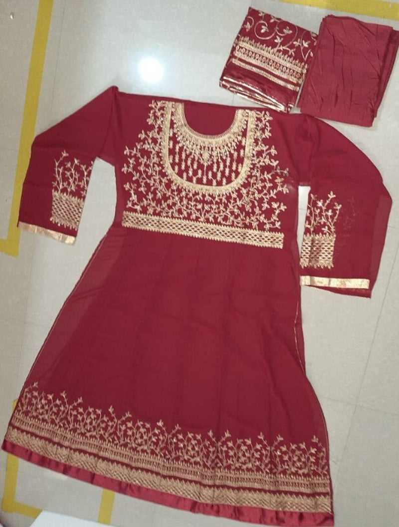 Maroon Georgette Embroidered Gown & Bottom Material  (Semi Stitched)