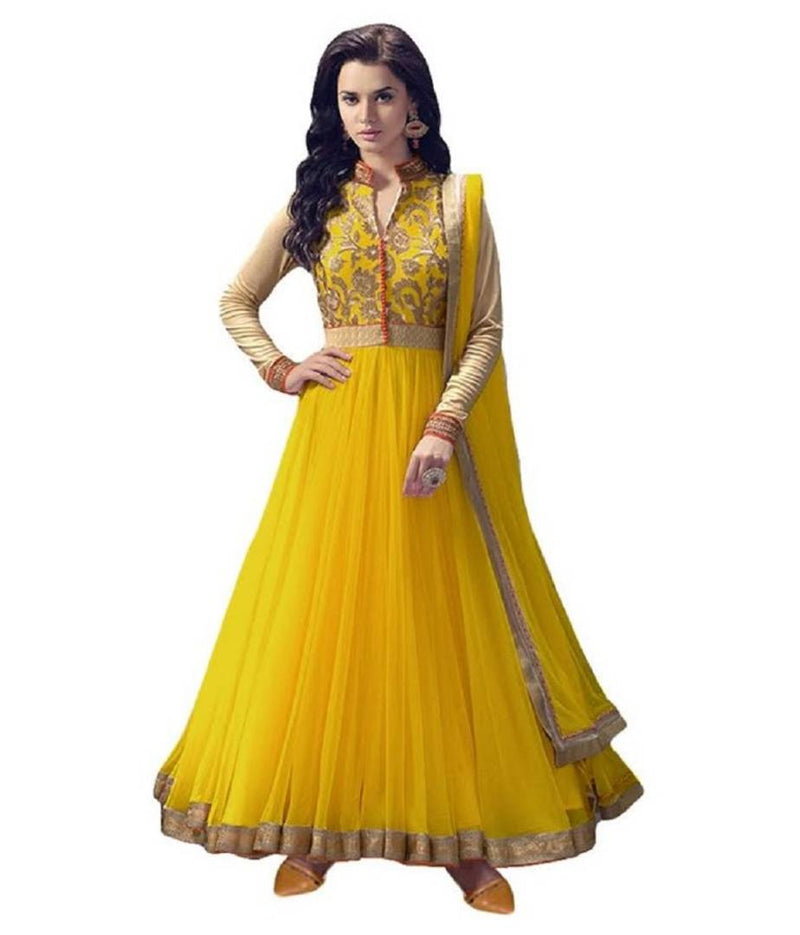 Yellow Color Net Embroidered Semi Stitched Anarkali Gown