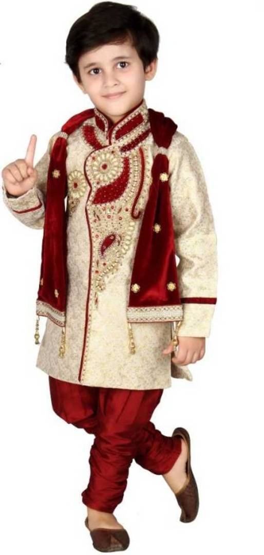 Boys Festive & Party, Wedding Sherwani and Churidar Set  (Maroon Pack of 1)