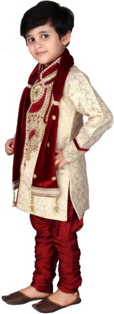 Boys Festive & Party, Wedding Sherwani and Churidar Set  (Maroon Pack of 1)