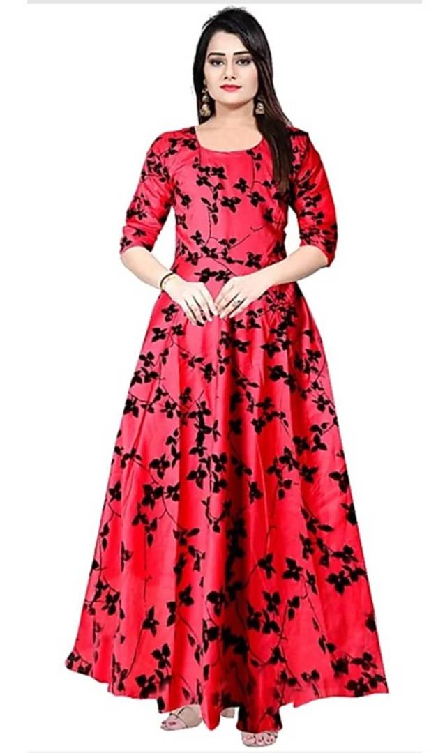 Stylish Rayon Red Floral Printed 3/4 Sleeves Gown For Women