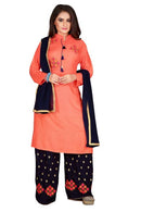 Beautiful Peach Rayon Embroidered Women Kurta Palazzo Set with Dupatta