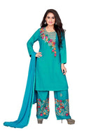 Splendid Turquoise Rayon Zari Embroidered Women Kurta Palazzo Set with Dupatta