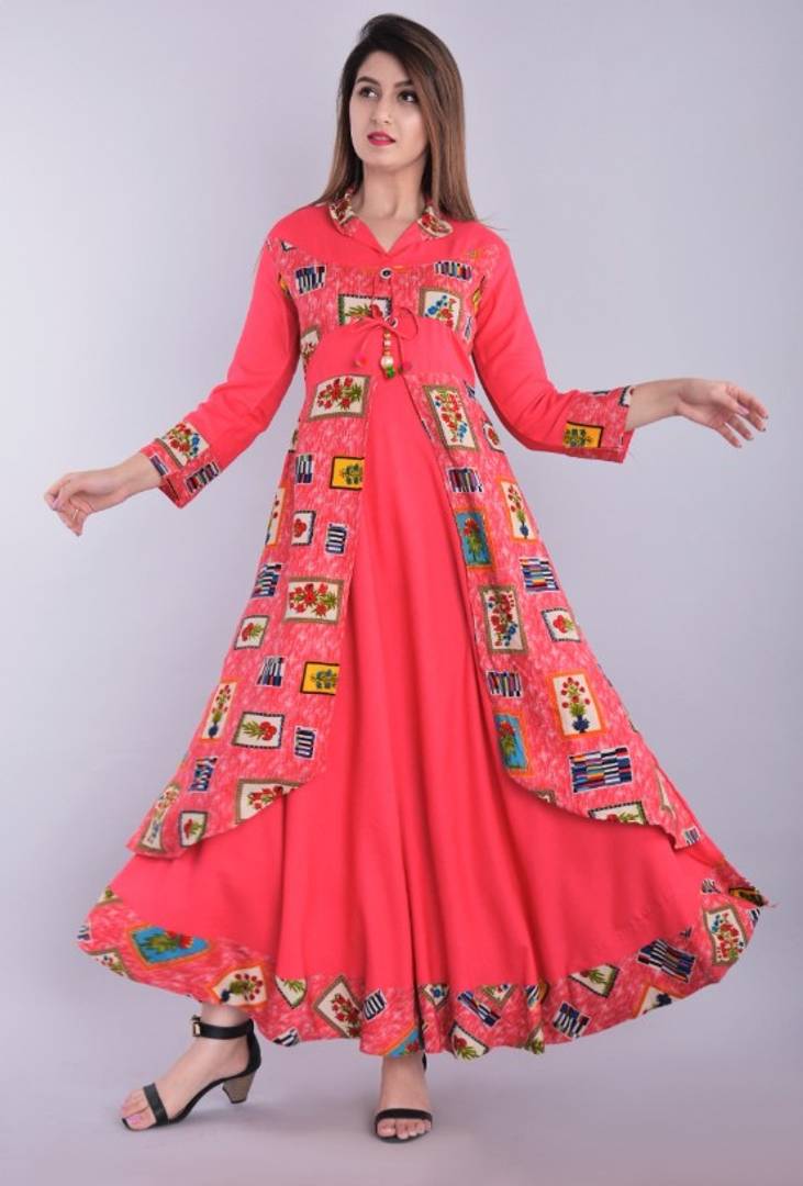 Stylish Rayon Printed Round Neck 3/4 Sleeves Gown For Women