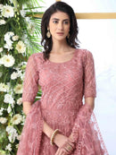 Stylish Butterfly Net Cording Work Round Neck Half Sleeves Gown With Dupatta Set