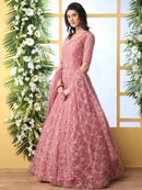 Stylish Butterfly Net Cording Work Round Neck Half Sleeves Gown With Dupatta Set