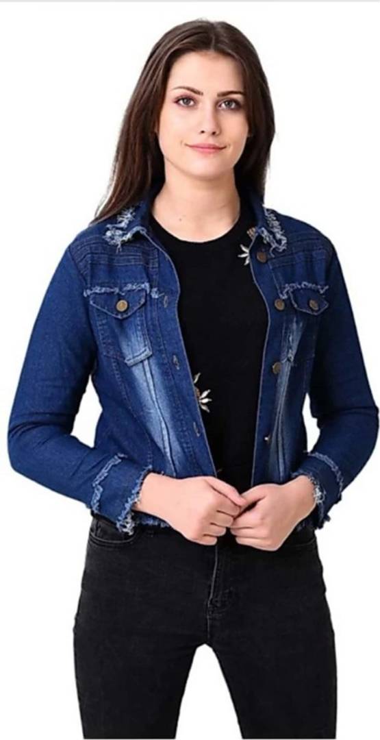 Stylish Dark Blue Embellished Casual Denim Jacket For Women