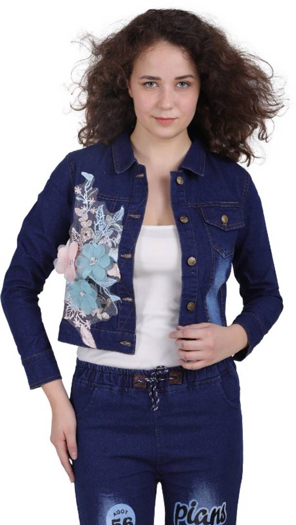 Stylish Dark Blue Flower Patch Casual Denim Jacket For Women