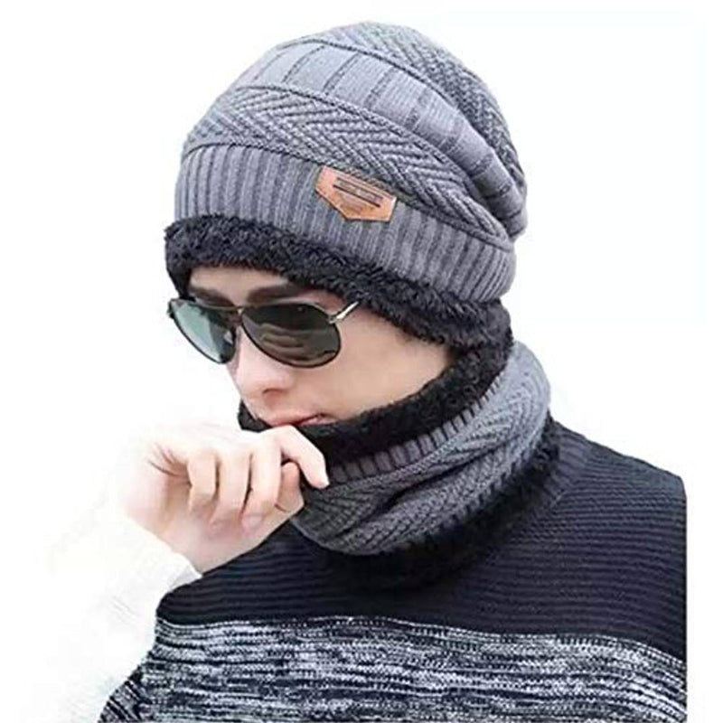 Snow Proof Inside Fur Wool Unisex Beanie Cap with Neck Warmer  Winter Hat for Men & Women (Multi Color)