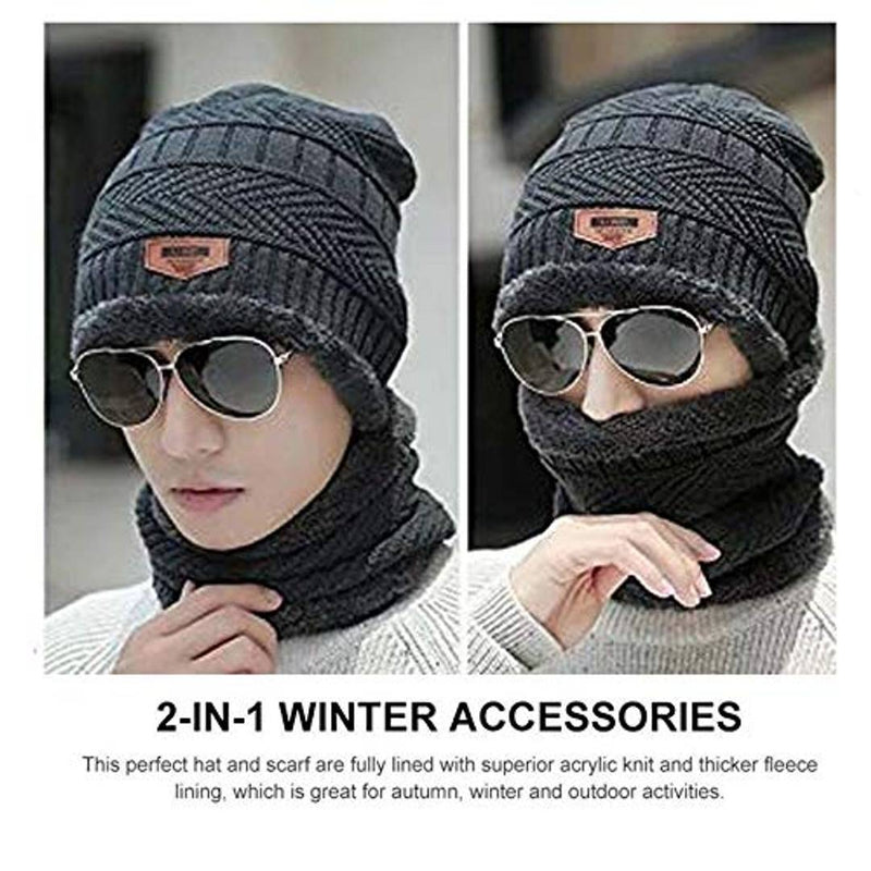 Snow Proof Inside Fur Wool Unisex Beanie Cap with Neck Warmer  Winter Hat for Men & Women (Multi Color)