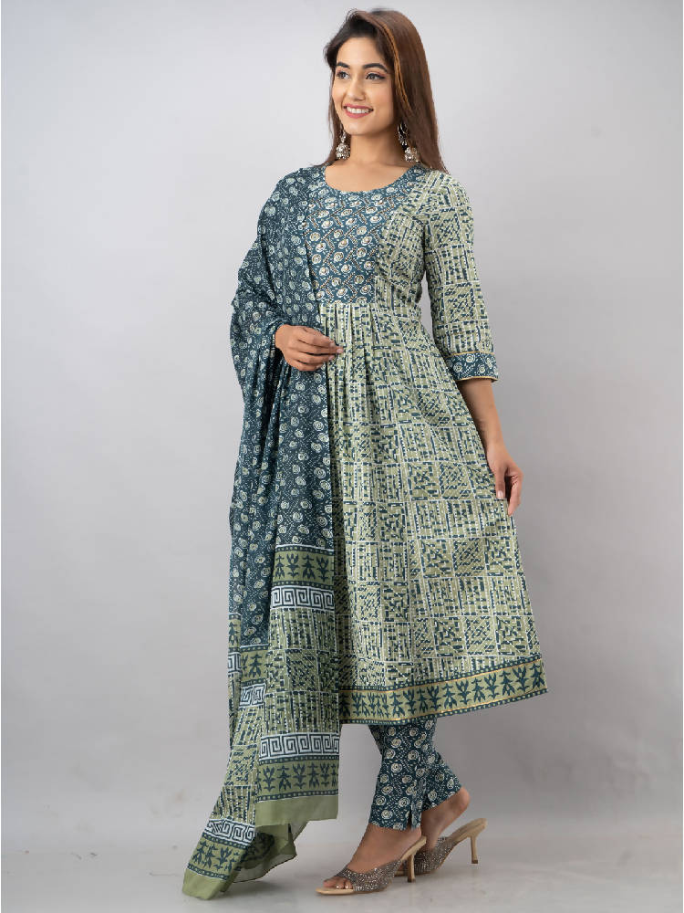 Light Green Embroidered & Printed Anarkali Suit Set