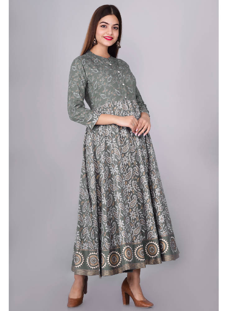 Grey Printed Anarkali Dress