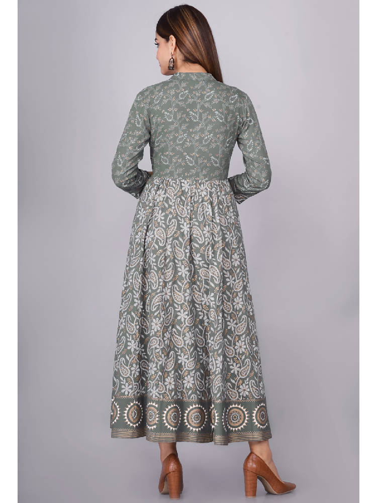 Grey Printed Anarkali Dress