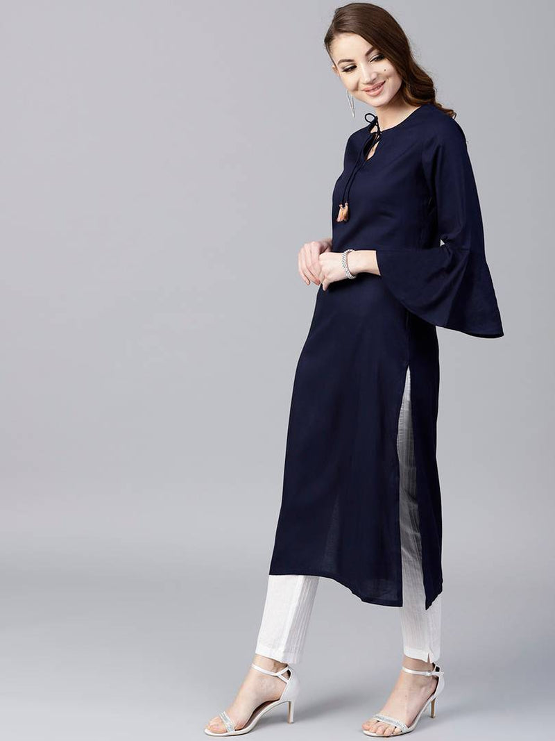 Women's Navy Blue Solid Rayon Straight Kurta