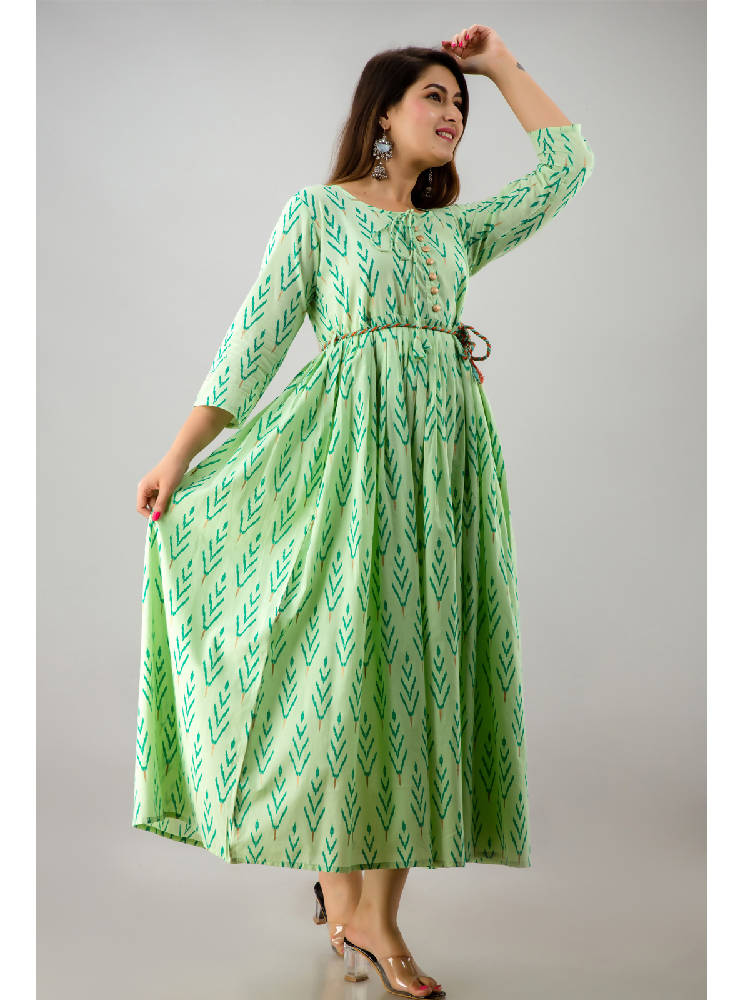 Green Printed Flared Dress