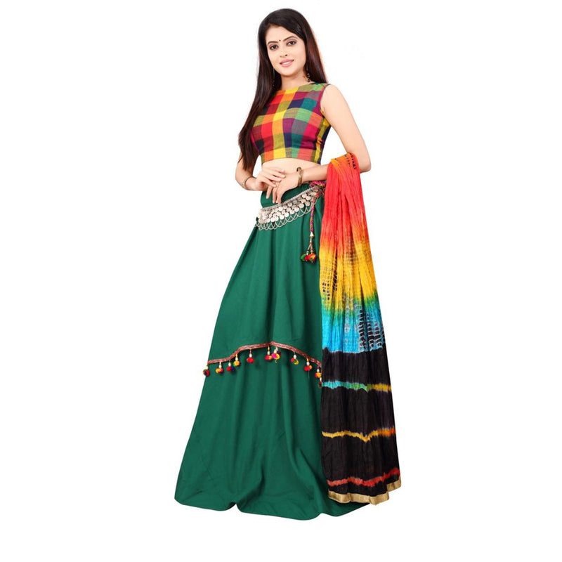 Designer Slub Rayon Checks Print Choli With Lehenga Set