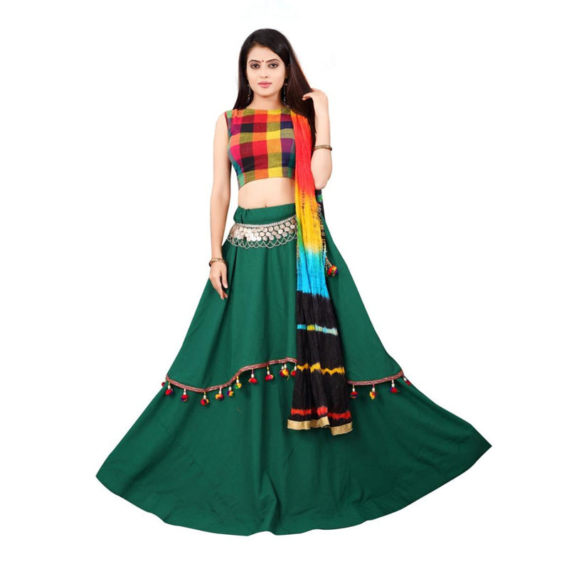 Designer Slub Rayon Checks Print Choli With Lehenga Set