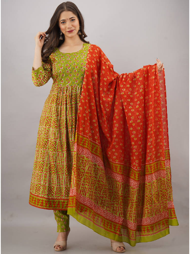 Green Embroidered & Printed Anarkali Suit Set