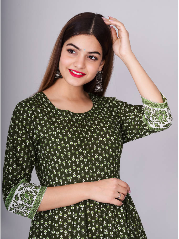 Green Printed Anarkali Dress