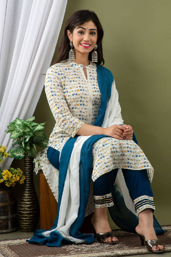 White Animal Printed Suit With Blue Pant & Dupatta