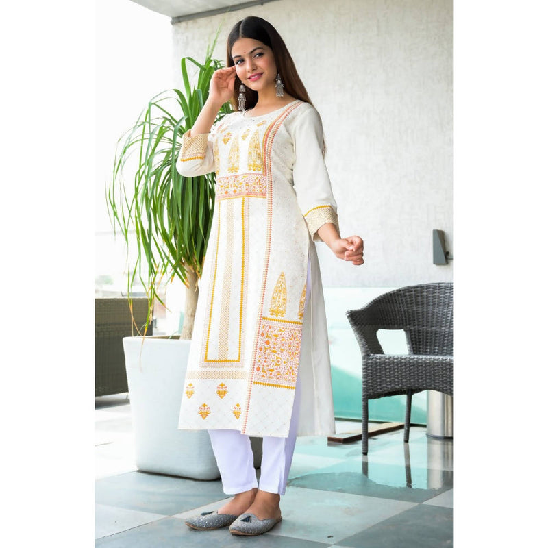 White & Mustard Hand Work Straight Kurta