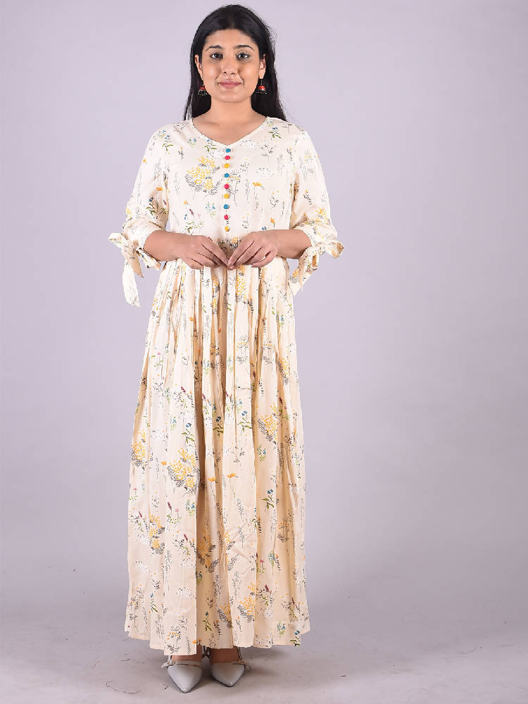 Cream Floral Printed Flared Gown