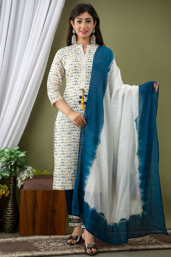 White Animal Printed Suit With Blue Pant & Dupatta