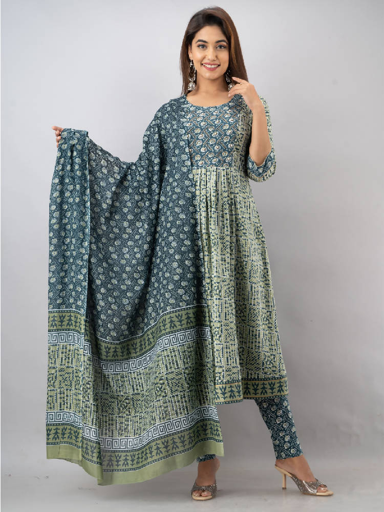 Light Green Embroidered & Printed Anarkali Suit Set