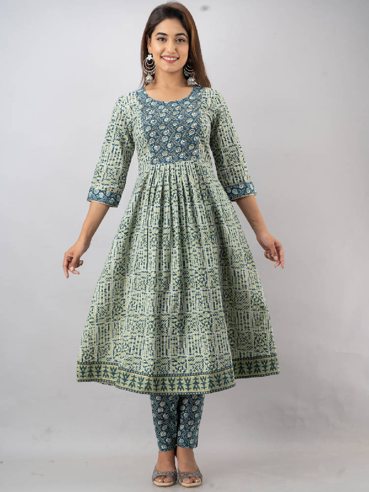 Light Green Embroidered & Printed Anarkali Suit Set