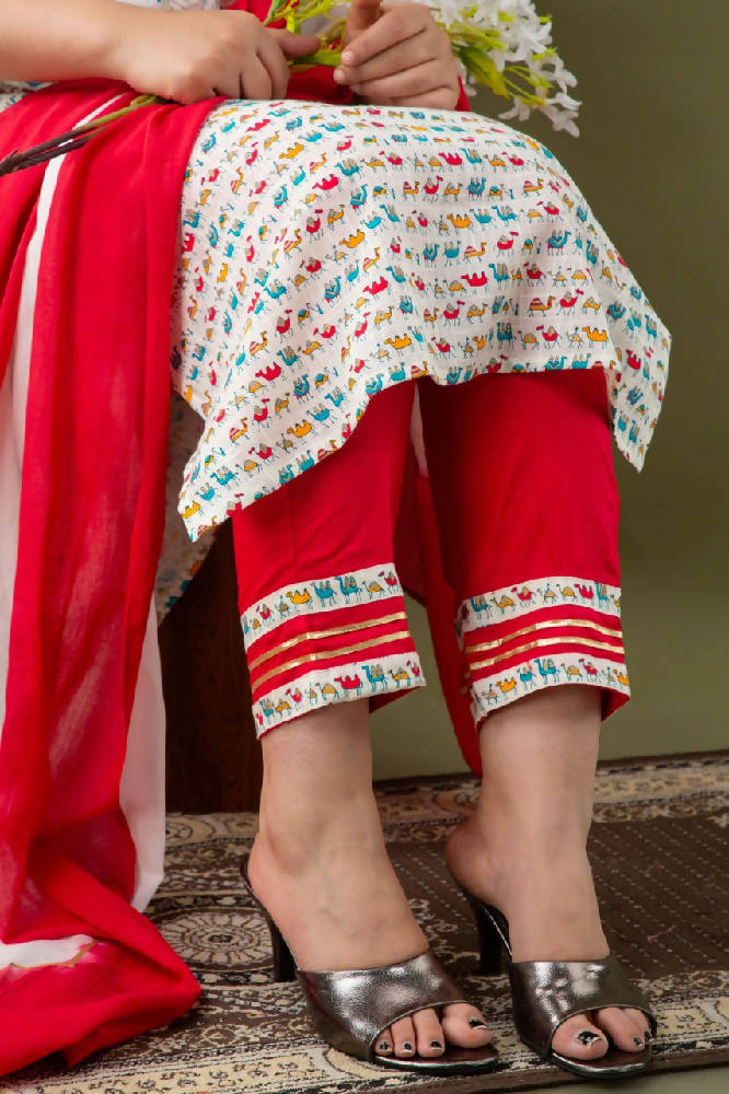 White Animal Printed Suit With Red Pant & Dupatta