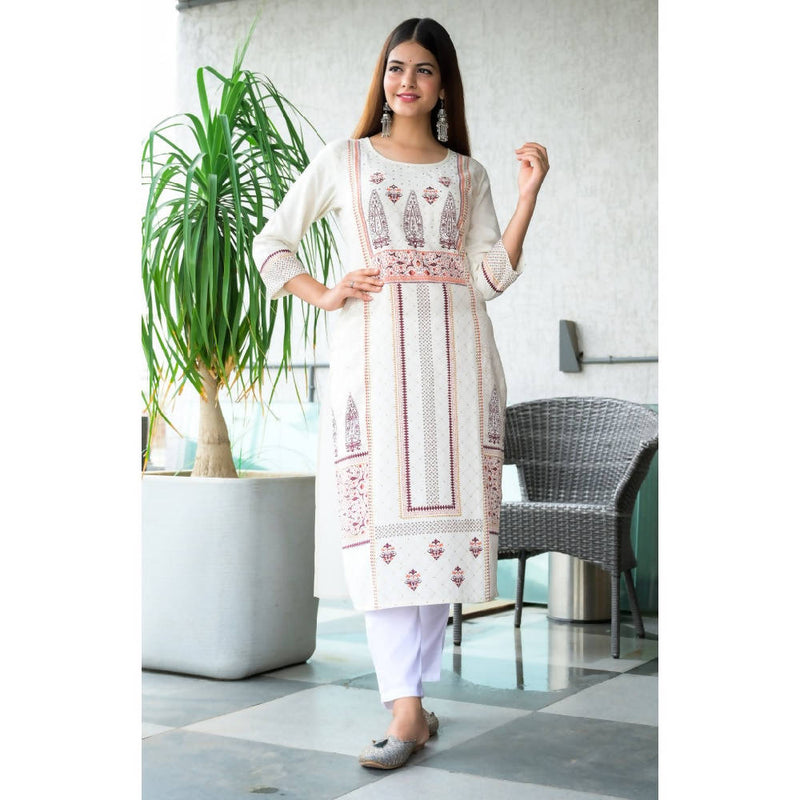 White & Red Hand Work Straight Kurta