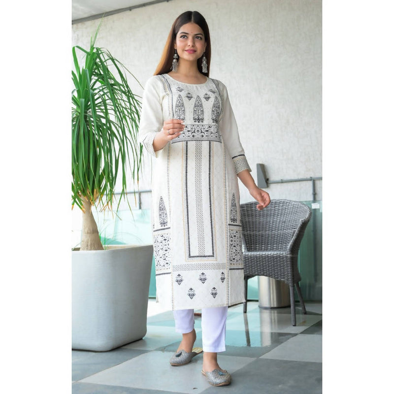 White & Black Hand Work Straight Kurta