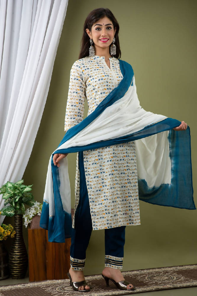 White Animal Printed Suit With Blue Pant & Dupatta