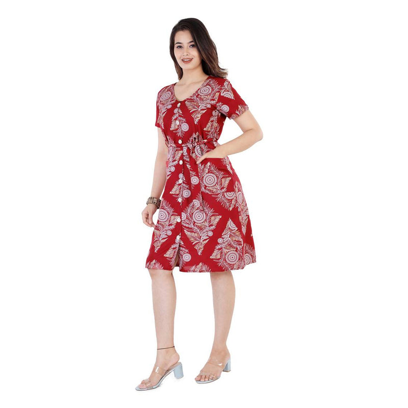 Stylish Rayon Maroon Dress With Pocket