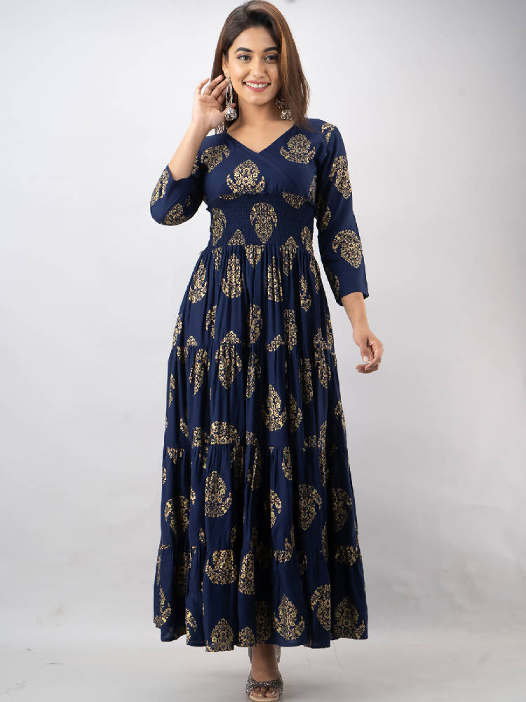 Navy Printed Body Fit Tire Style Flared Dress