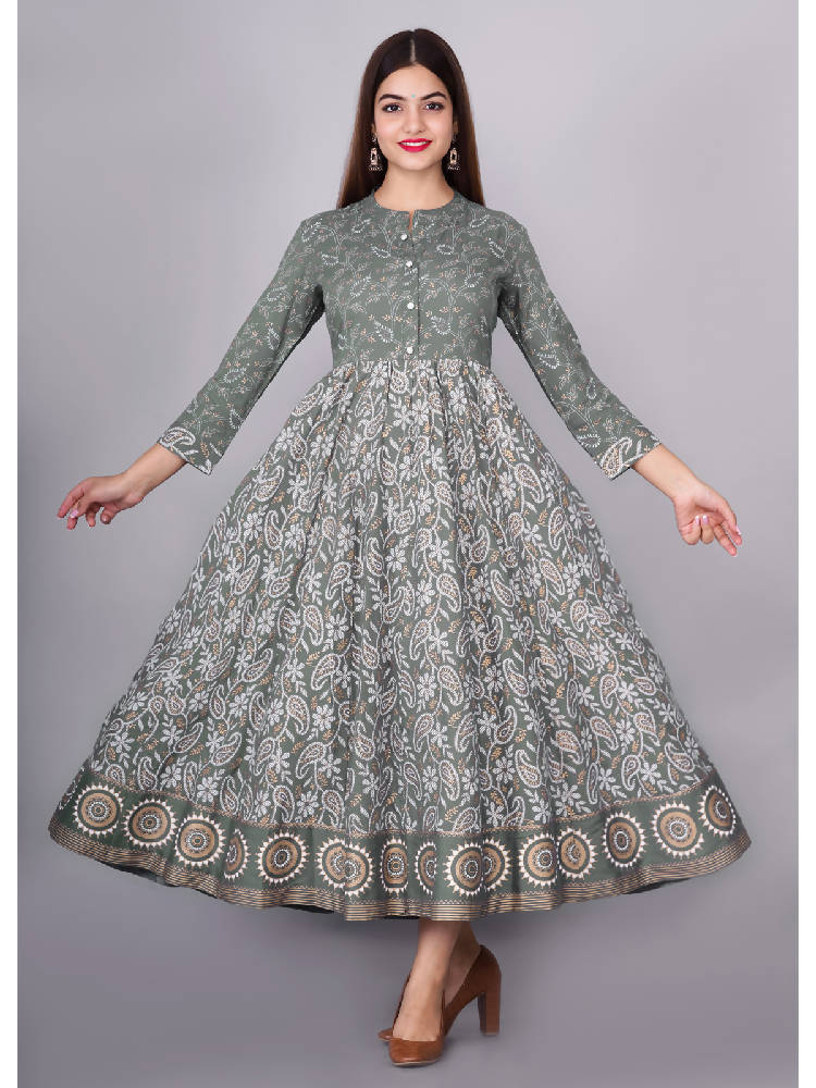 Grey Printed Anarkali Dress