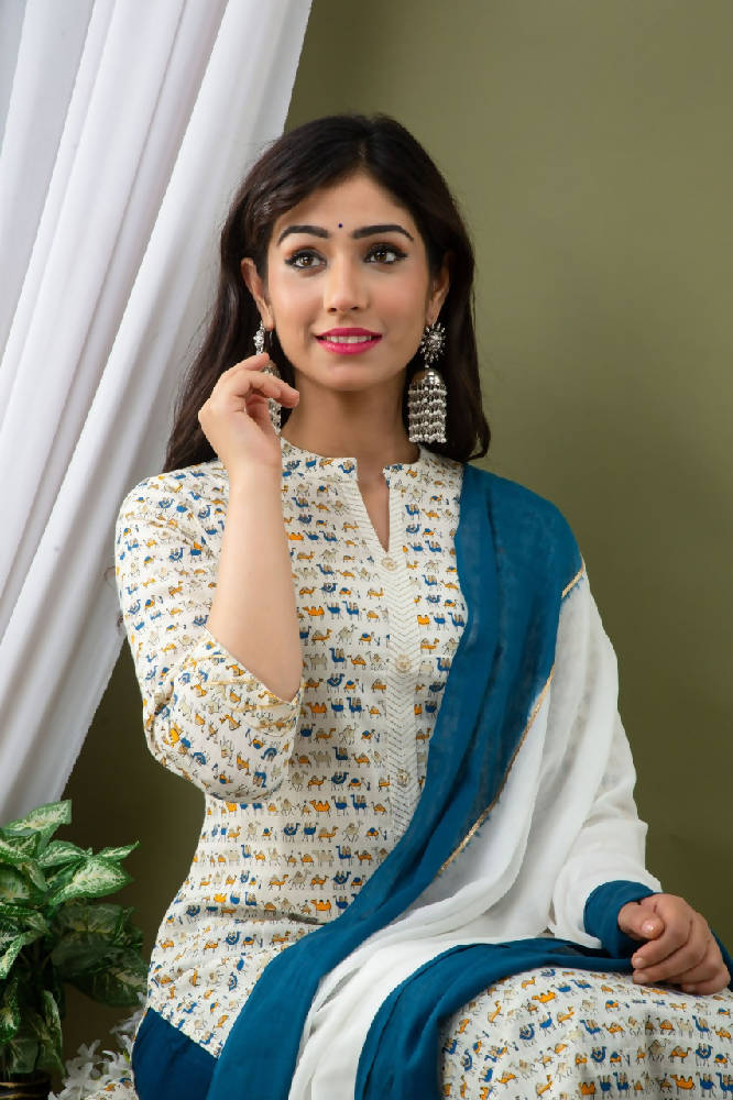 White Animal Printed Suit With Blue Pant & Dupatta