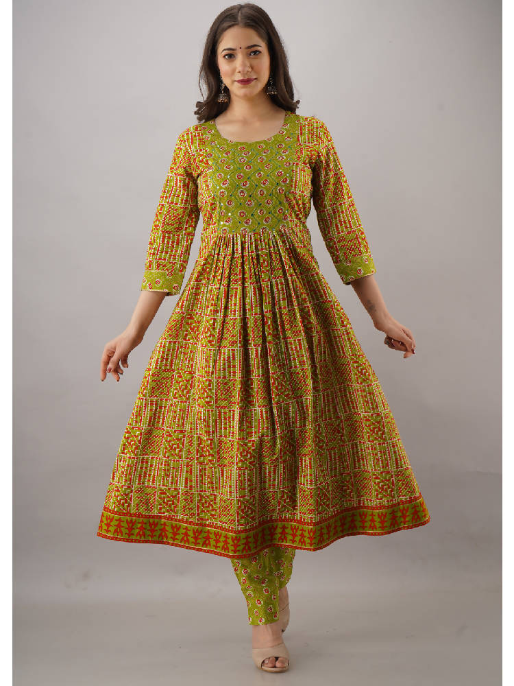 Green Embroidered & Printed Anarkali Suit Set