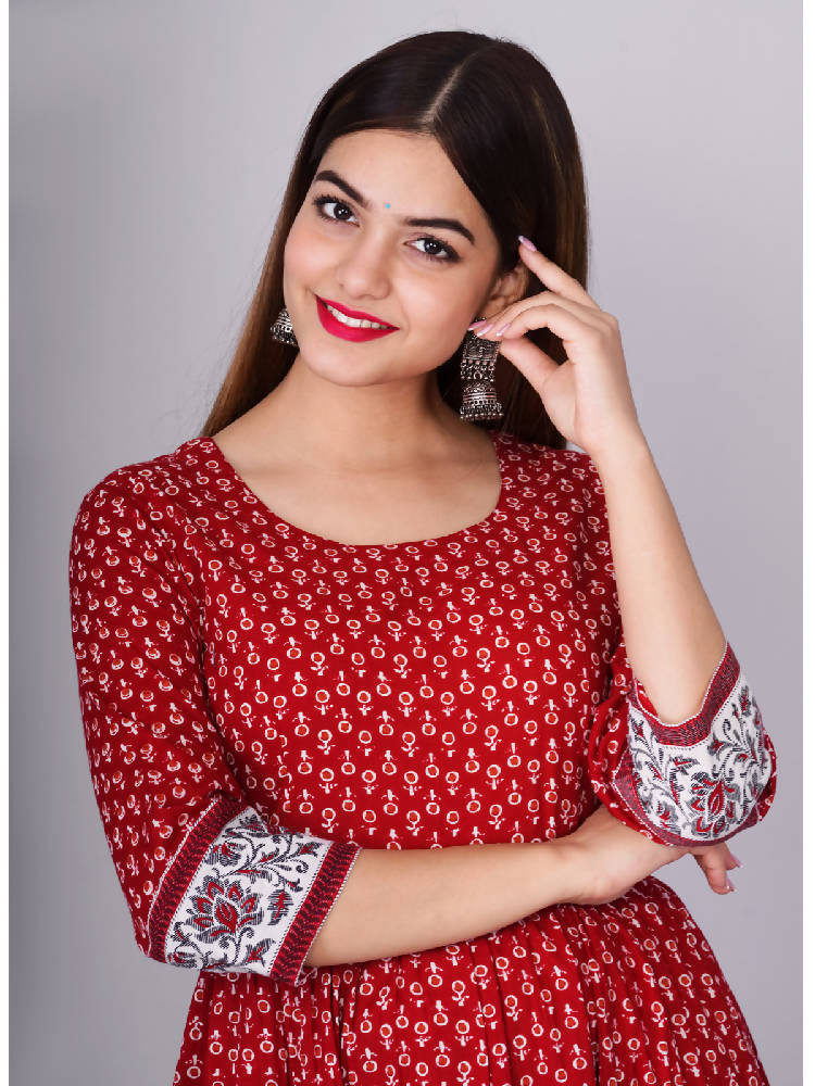 Red Printed Anarkali Dress