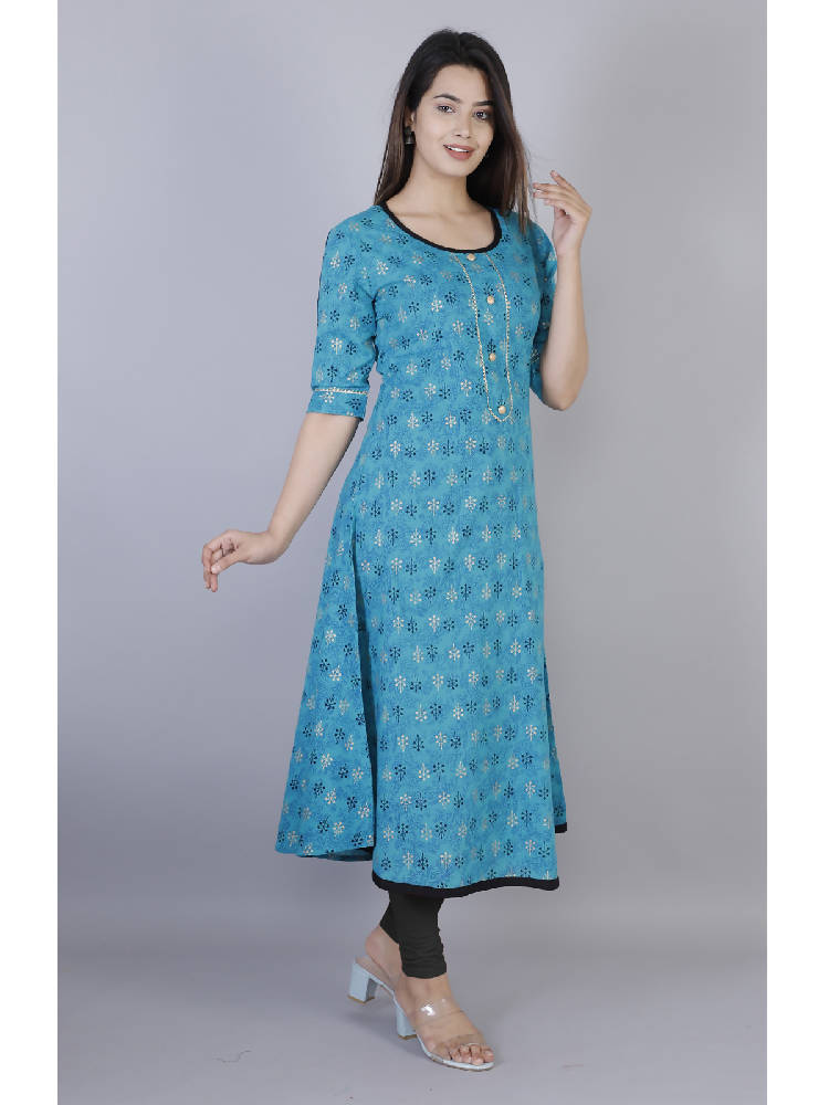 Blue Printed A-Line Kurta