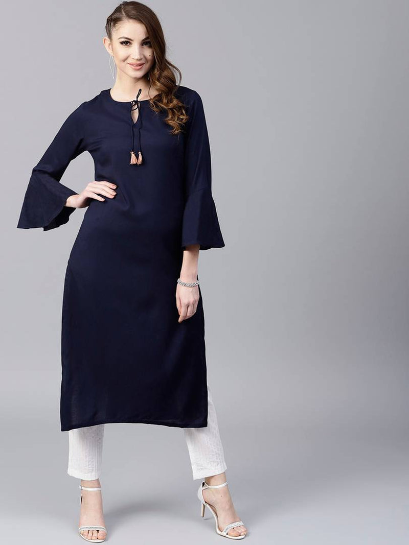 Women's Navy Blue Solid Rayon Straight Kurta