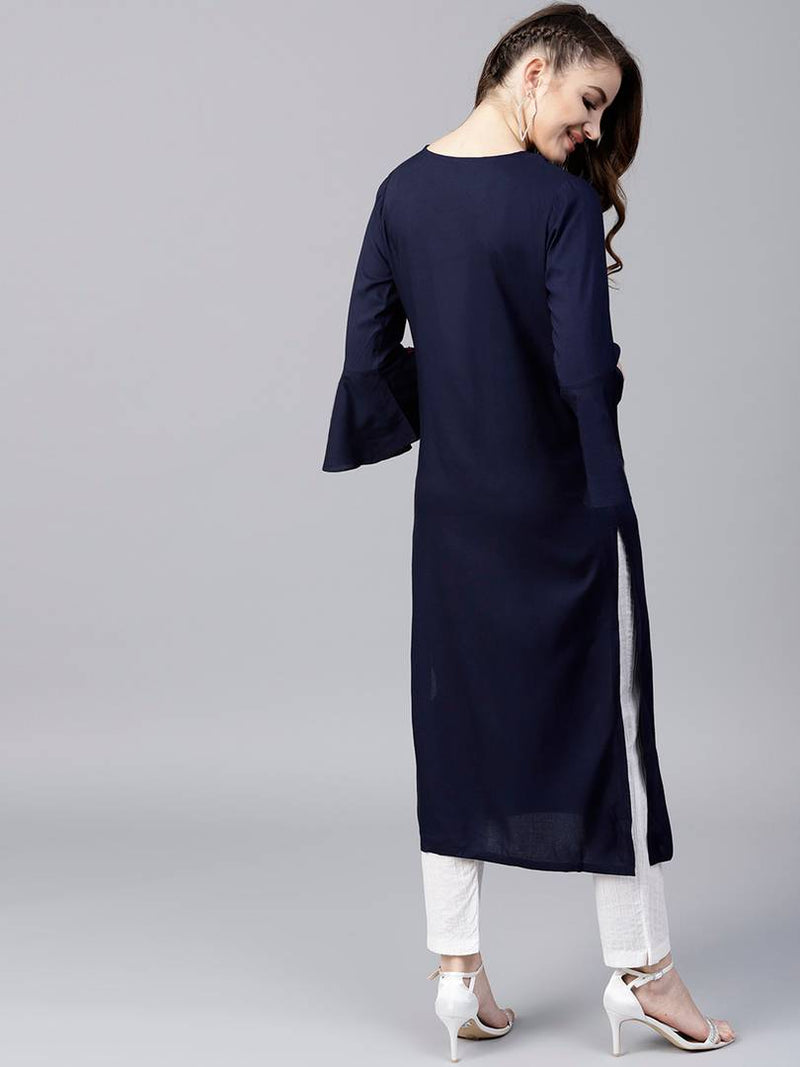 Women's Navy Blue Solid Rayon Straight Kurta