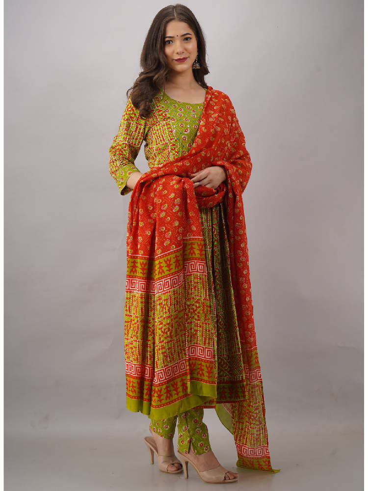 Green Embroidered & Printed Anarkali Suit Set