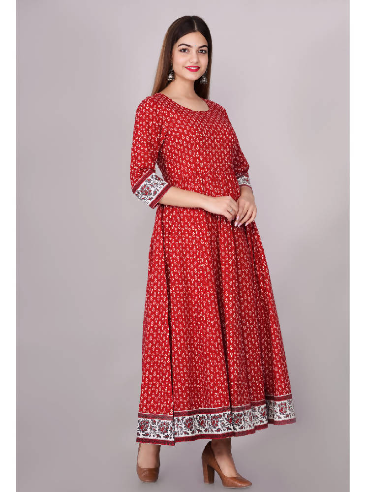 Red Printed Anarkali Dress