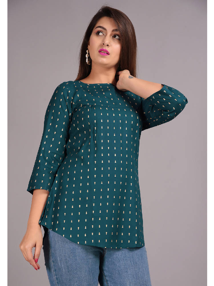 Green Gold Print Short Kurti