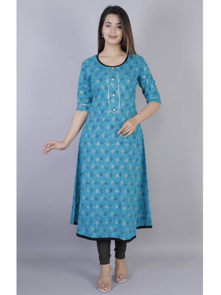 Blue Printed A-Line Kurta