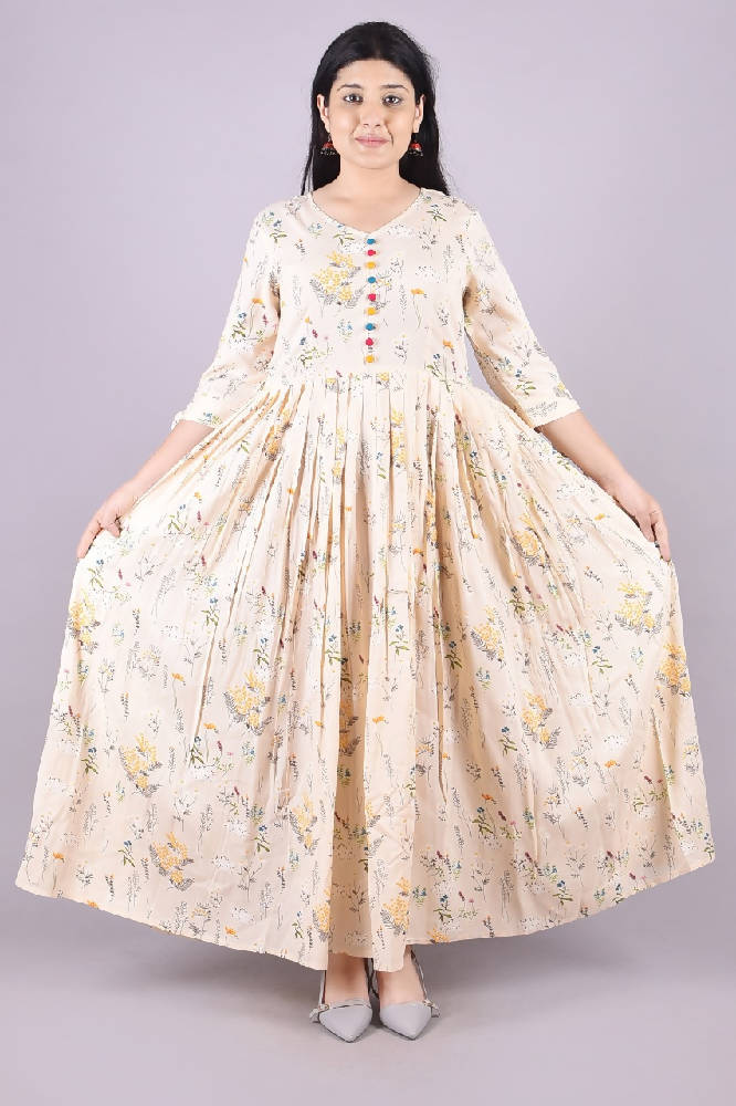 Cream Floral Printed Flared Gown