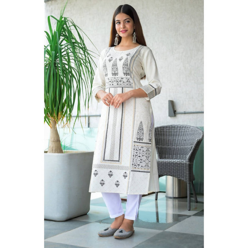 White & Black Hand Work Straight Kurta