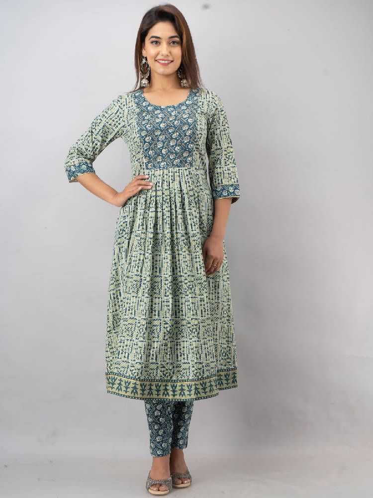 Light Green Embroidered & Printed Anarkali Suit Set