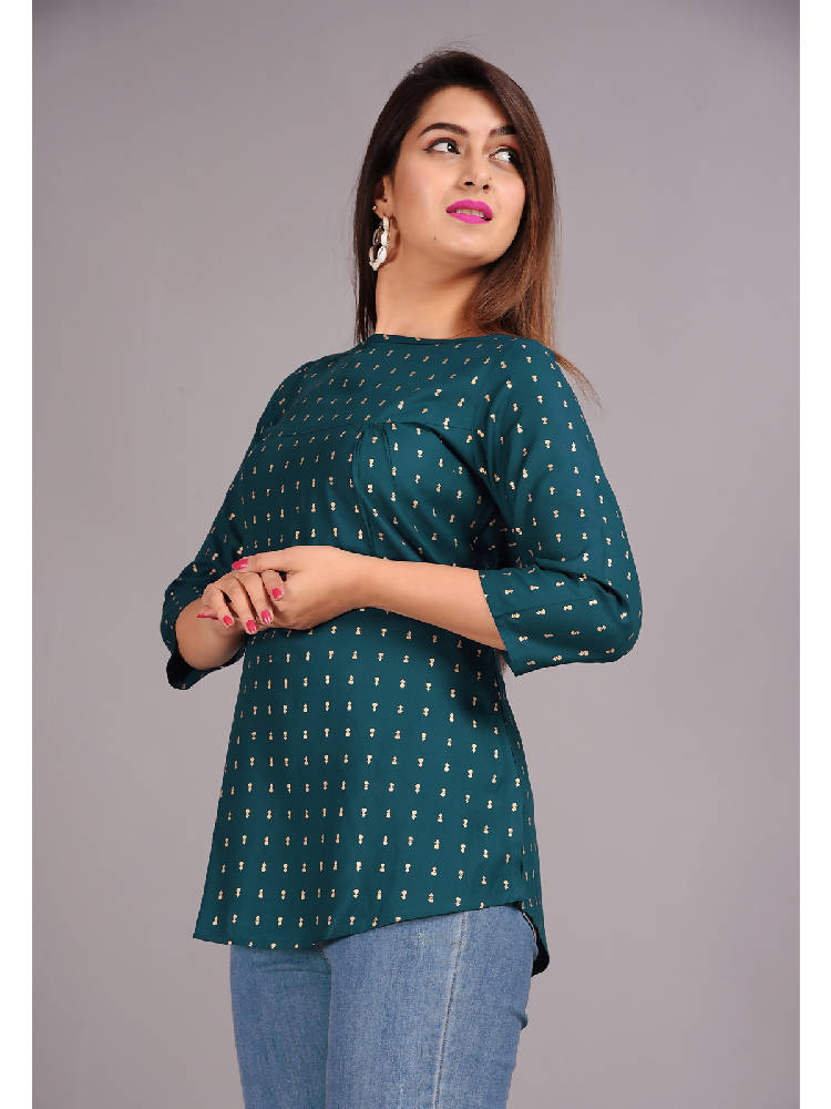 Green Gold Print Short Kurti